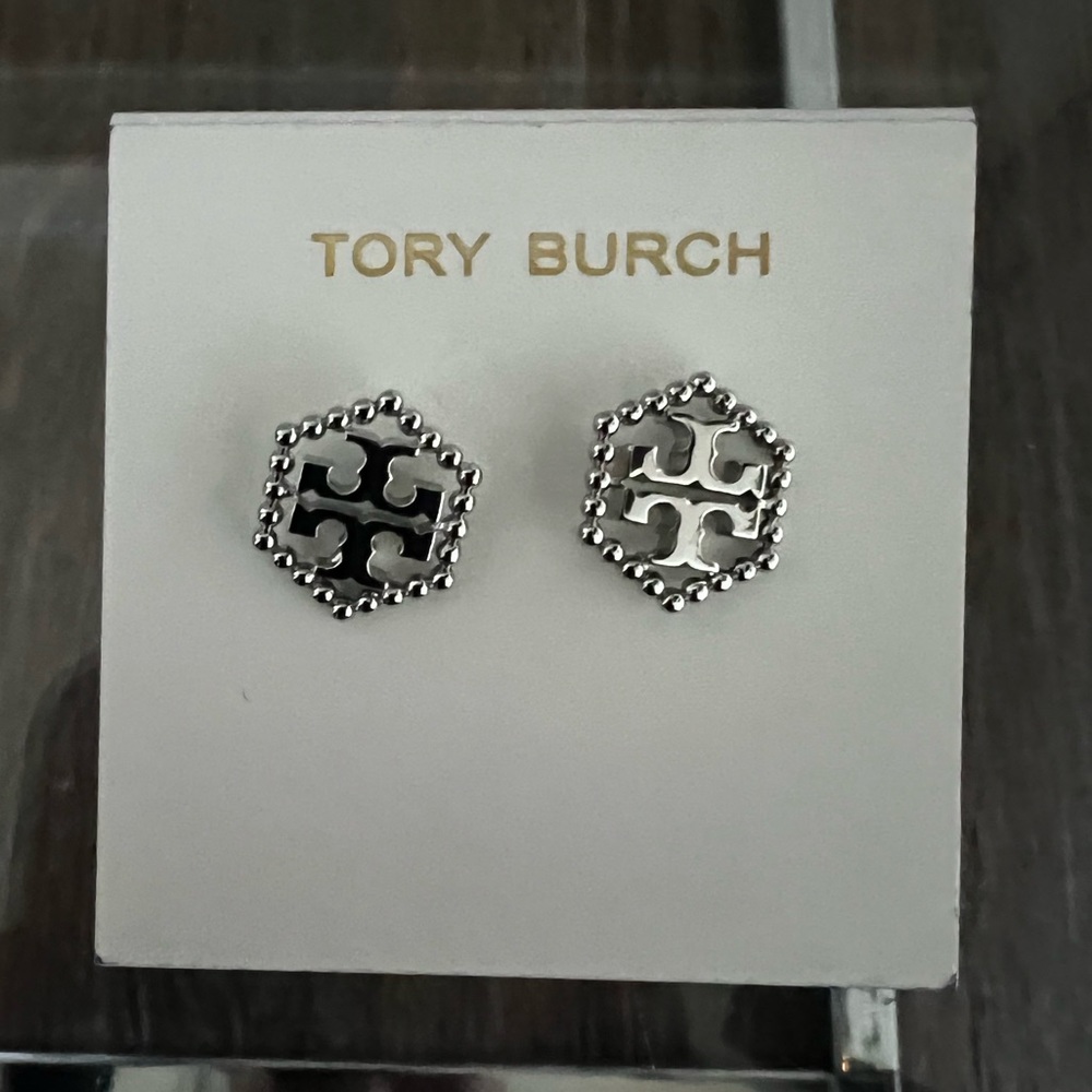 Tory Burch ML Grain Hex Stud Earring (Silver)
